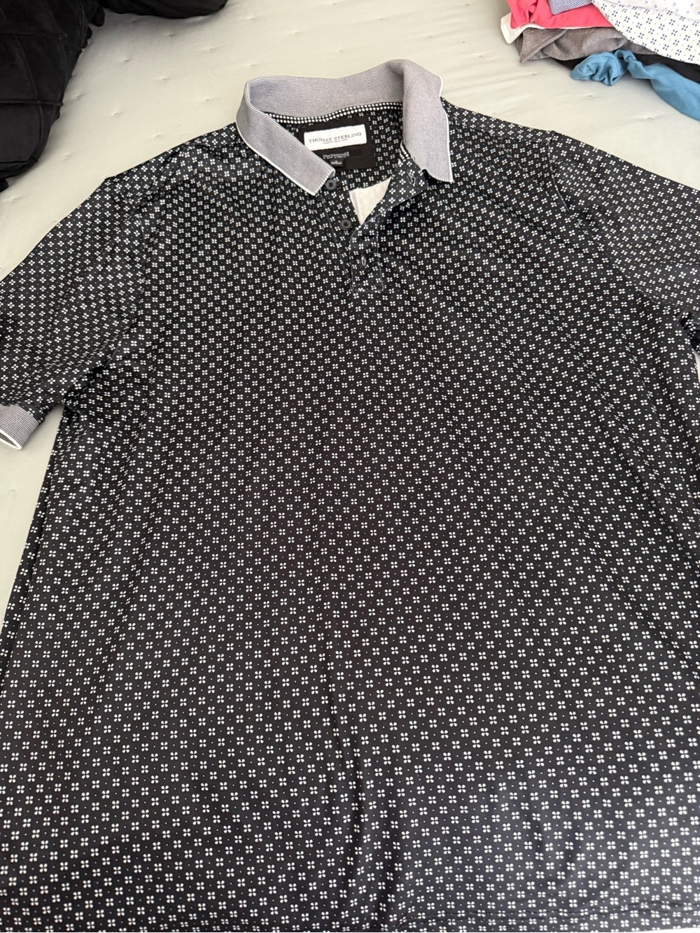 Thomas Sterling  Black Polo with White Geo Dot Print and Gray Trim